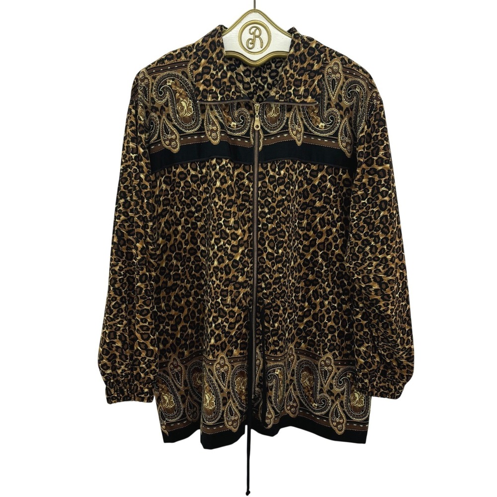 Vintage Leopard Print Paisley Full Zip Jacket Women Medium Casual Cinched Waist